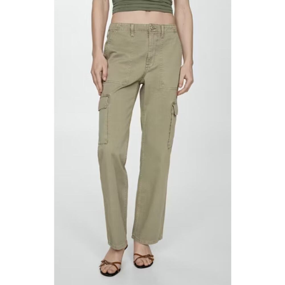 Mango Cargo Pocket Jeans Khaki Utility Straight Leg High Rise Pants Size 6